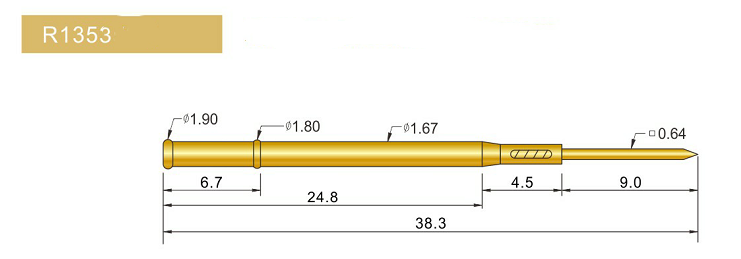 R1353-W探針套管、1.67mm測試針、總長38.3mm、彈簧針套管圖片、測試針套管圖片、頂針套管圖片、探針套管圖片